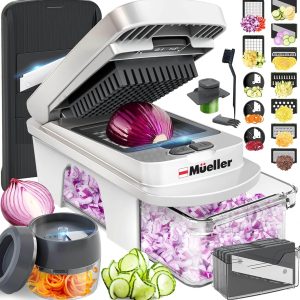 Anniversary celebration ALL for just $ 69 ：Mueller Pro-Series All-in-One, 12 Blade Mandoline Slicer for Kitchen, Food Chopper, Vegetable Slicer and Spiralizer, Cutter, Dicer, Grater, Kitchen Gadgets Sets with Container, White Sand/Gray