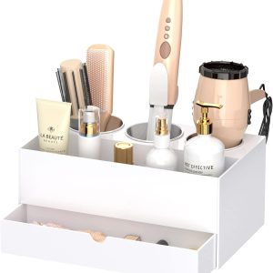 NIUBEE Hair Tool Organizer, White Acrylic Hair Dryer and Styling Organizer with Drawer, Bathroom Countertop Blow Dryer Holder, Vanity Caddy Storage Stand for Accessories, Makeup, Toiletries