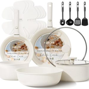 CAROTE 17pcs Pots and Pans Set, Nonstick Cookware Set Detachable Handle, Induction Kitchen Cookware Sets Non Stick with Removable Handle, RV Cookware Set